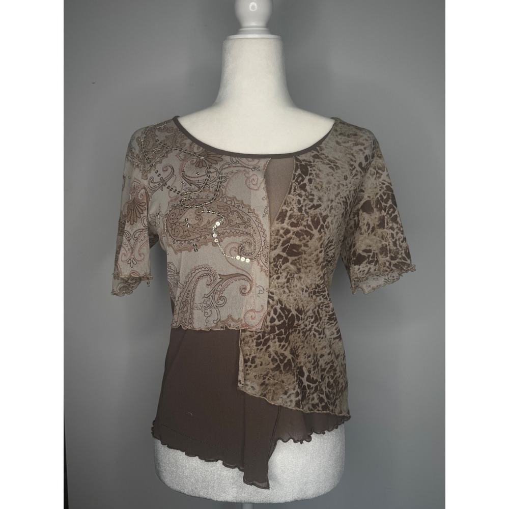 Oui Mixed Print Mesh Sequin Top Brown Paisley Animal Print Y2K Grunge Fairy Punk